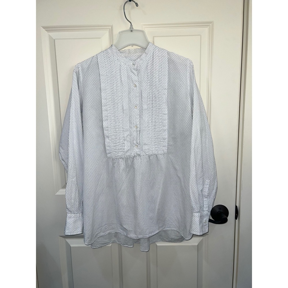 Nili Lotan Dotted Tuxedo Bib Band Collar Long Sleeve Button Down Blouse Medium